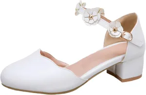Kids Girls Mary Jane Dress Shoes Pumps Low Heels Flower Strap High School Prom Shoes Bridesmaid Summer Sandals