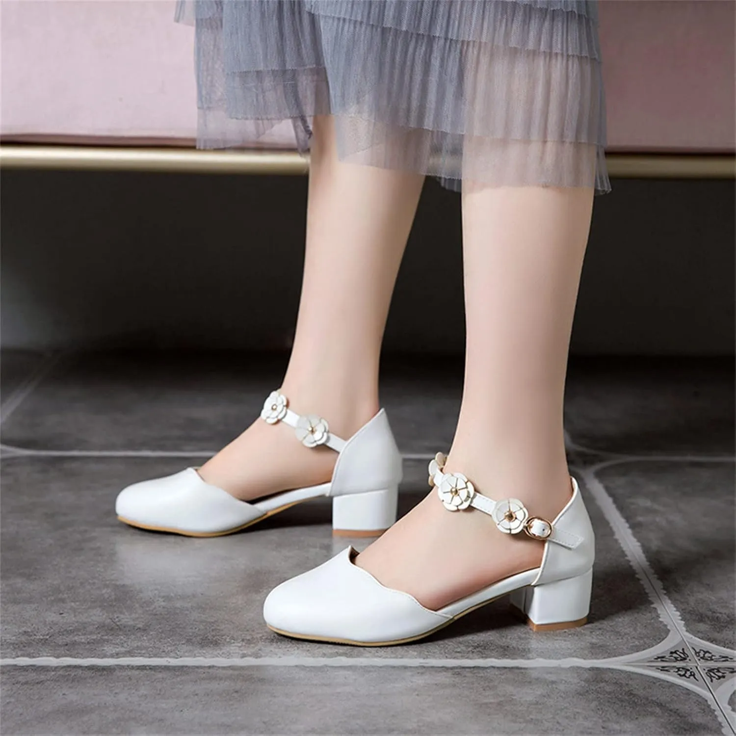 Kids Girls Mary Jane Dress Shoes Pumps Low Heels Flower Strap High School Prom Shoes Bridesmaid Summer Sandals