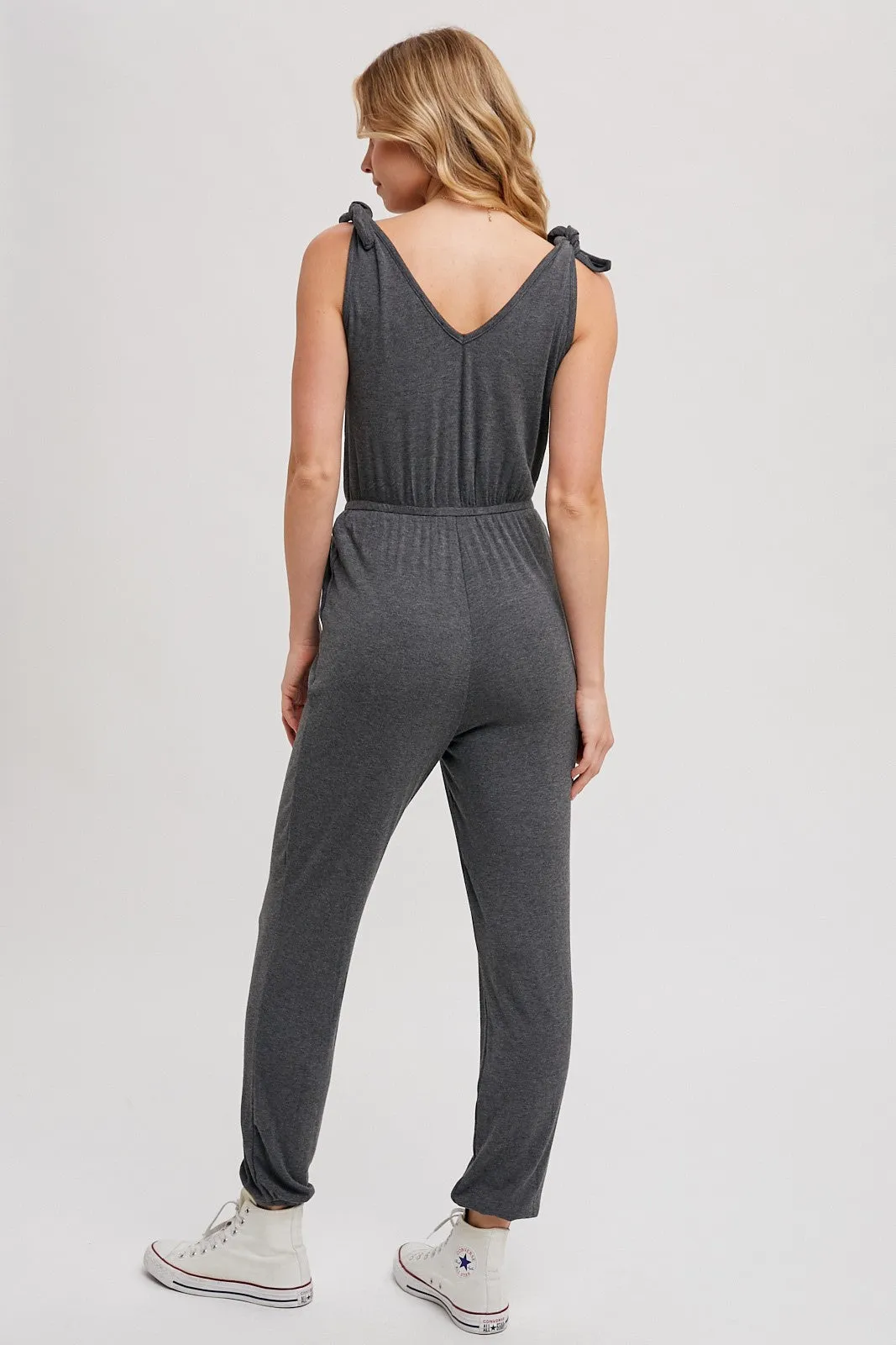 Knit V-neck Tie Strap Jumpsuit