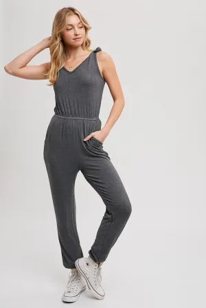 Knit V-neck Tie Strap Jumpsuit