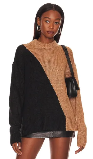 L'Academie Dagan Color Block Crewneck in Black,Brown