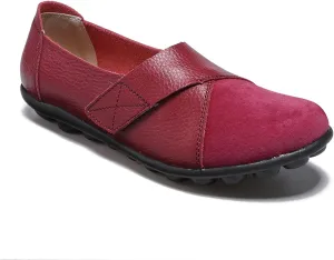 Ladies Leather Slip On Flat Loafers, Low Top Casual Walking Nurse Shoes, Outdoor Versatile Trendy Driving Shoes, Easy On Comfy Large Size Moccasins Walking Shoes(Size:8,Color:Red)