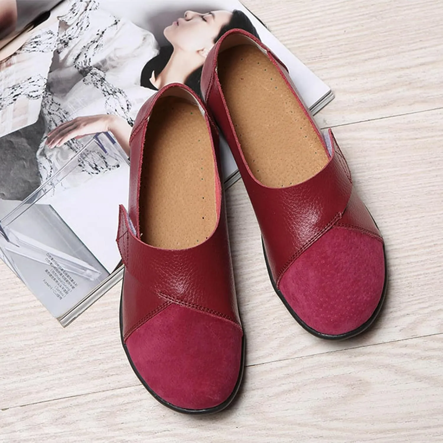 Ladies Leather Slip On Flat Loafers, Low Top Casual Walking Nurse Shoes, Outdoor Versatile Trendy Driving Shoes, Easy On Comfy Large Size Moccasins Walking Shoes(Size:8,Color:Red)