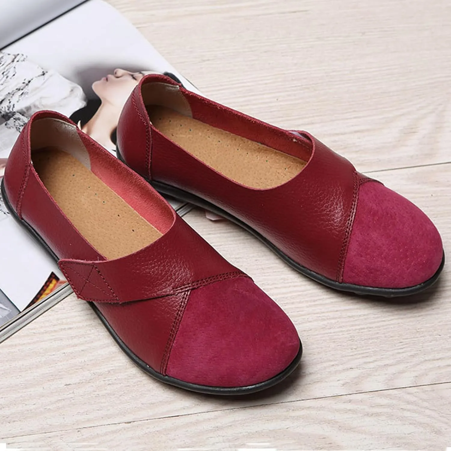 Ladies Leather Slip On Flat Loafers, Low Top Casual Walking Nurse Shoes, Outdoor Versatile Trendy Driving Shoes, Easy On Comfy Large Size Moccasins Walking Shoes(Size:8,Color:Red)