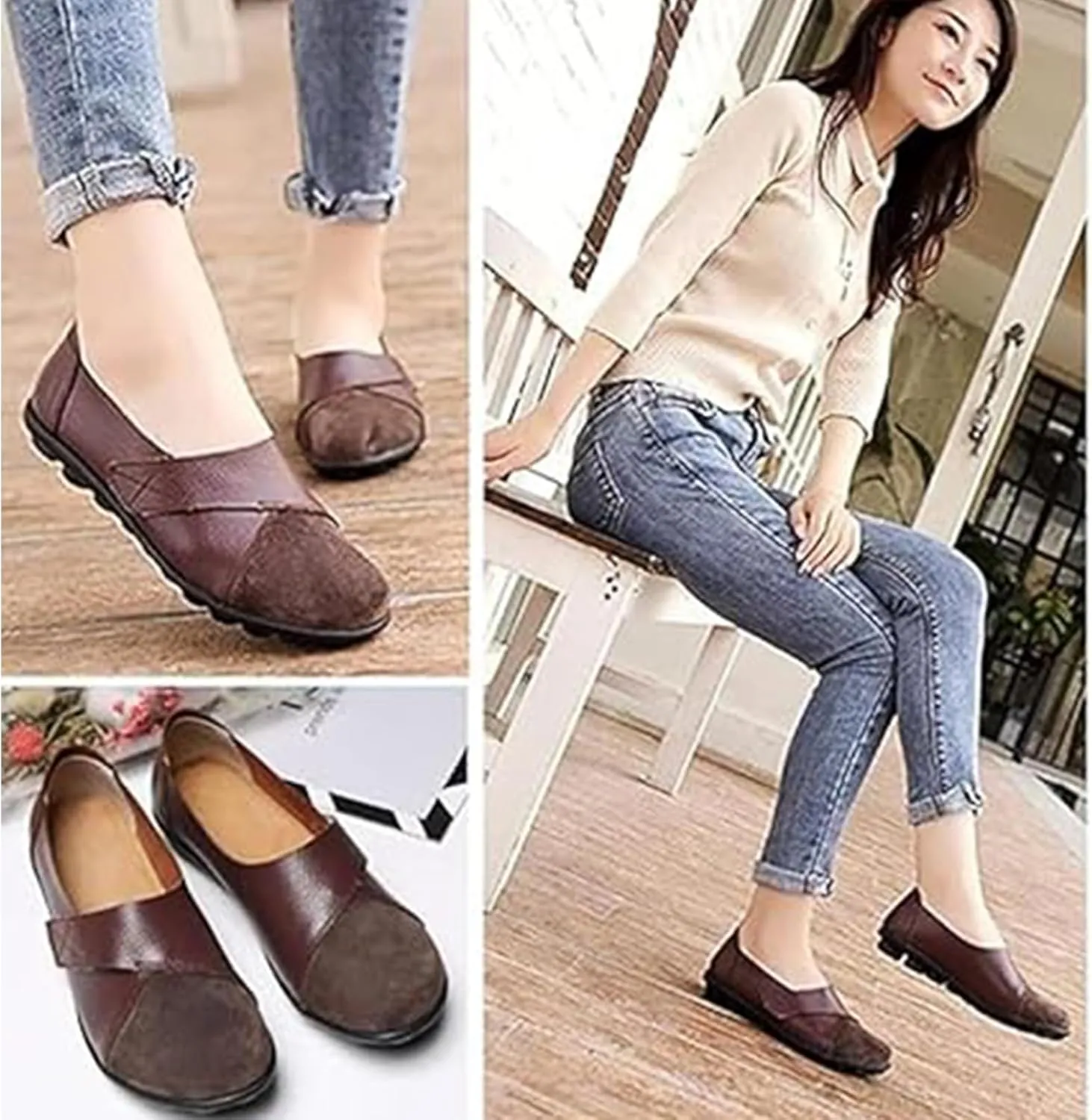 Ladies Leather Slip On Flat Loafers, Low Top Casual Walking Nurse Shoes, Outdoor Versatile Trendy Driving Shoes, Easy On Comfy Large Size Moccasins Walking Shoes(Size:8,Color:Red)