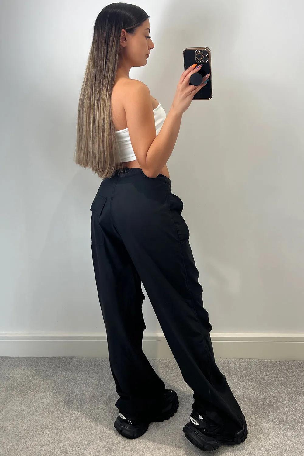 Lena Black Low Rise Wide Leg Parachute Cargo Trousers