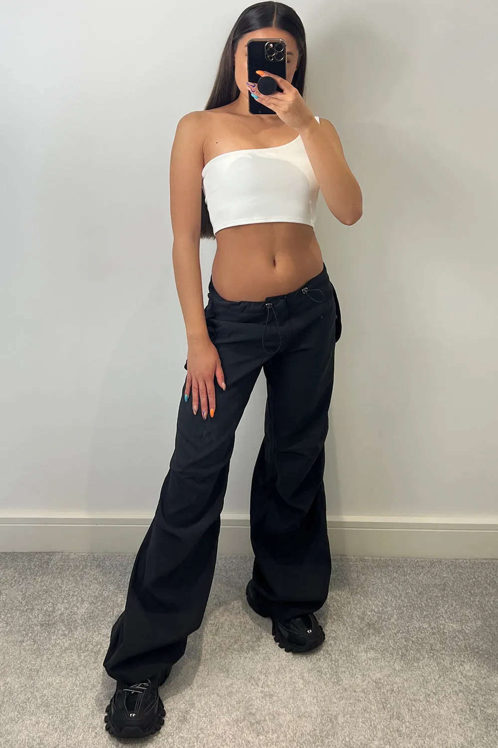 Lena Black Low Rise Wide Leg Parachute Cargo Trousers