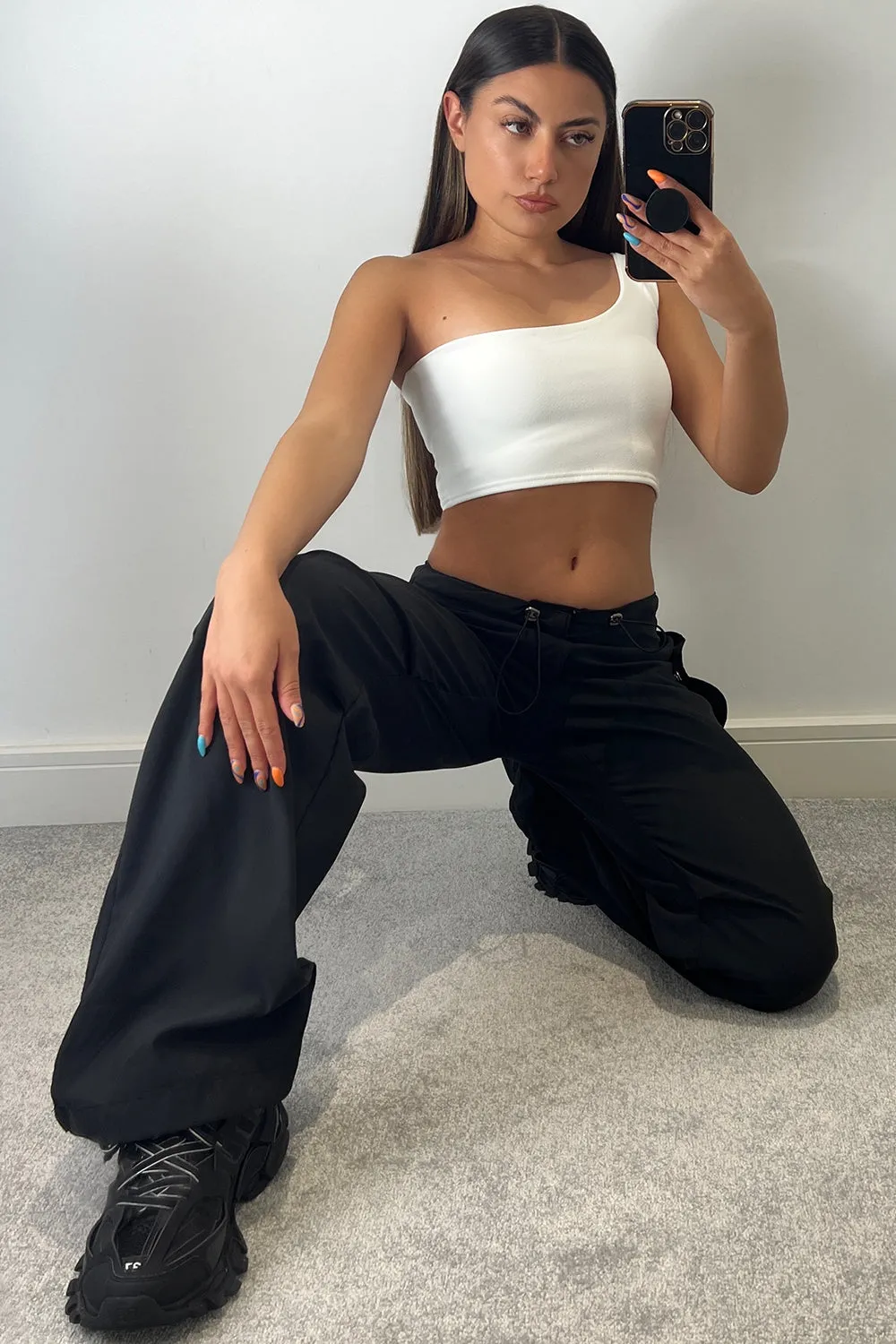 Lena Black Low Rise Wide Leg Parachute Cargo Trousers
