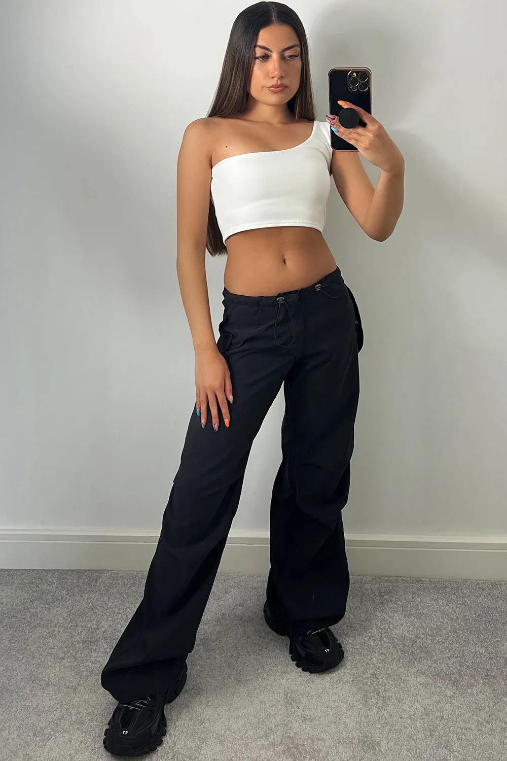 Lena Black Low Rise Wide Leg Parachute Cargo Trousers