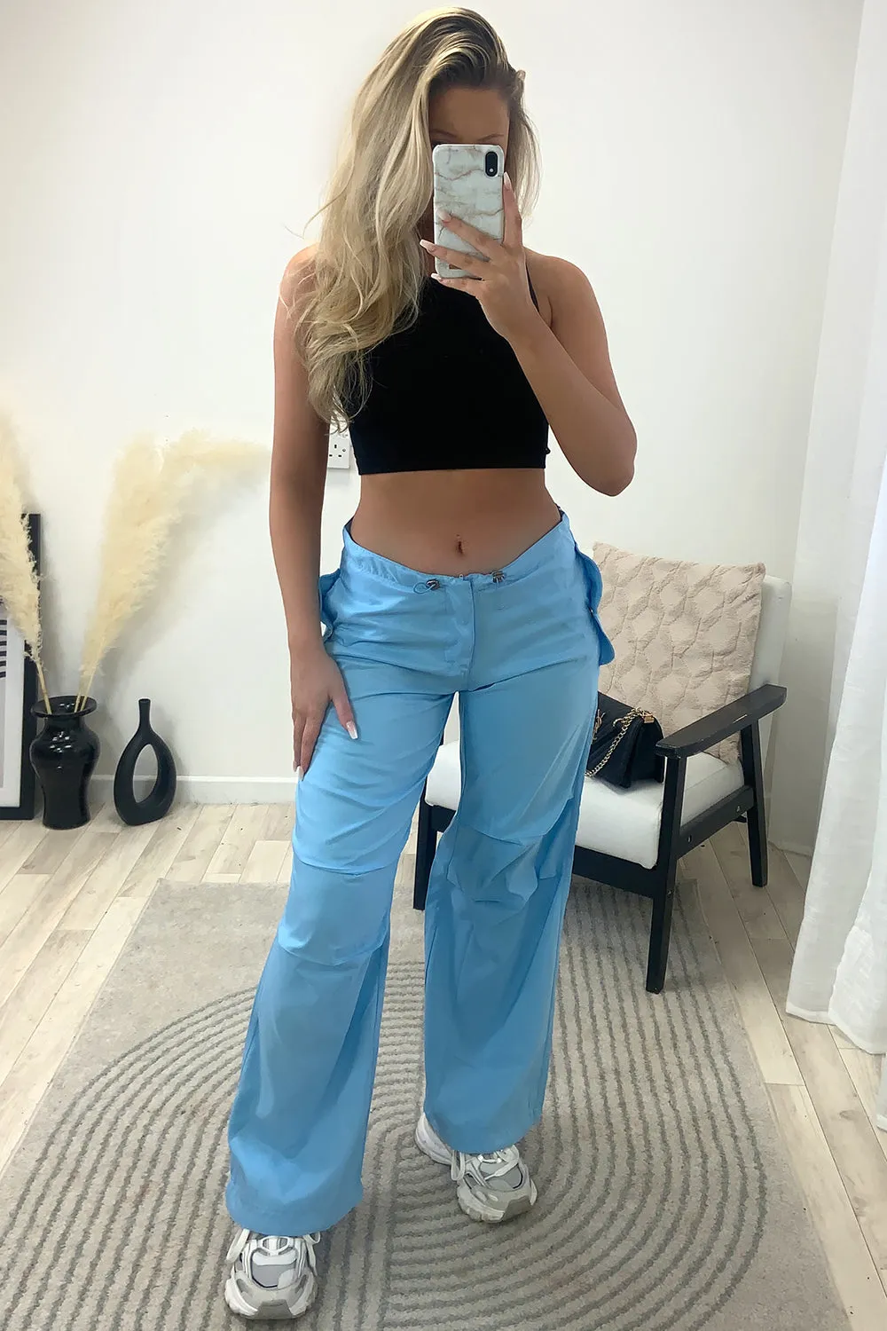 Lena Blue Low Rise Wide Leg Parachute Cargo Trousers