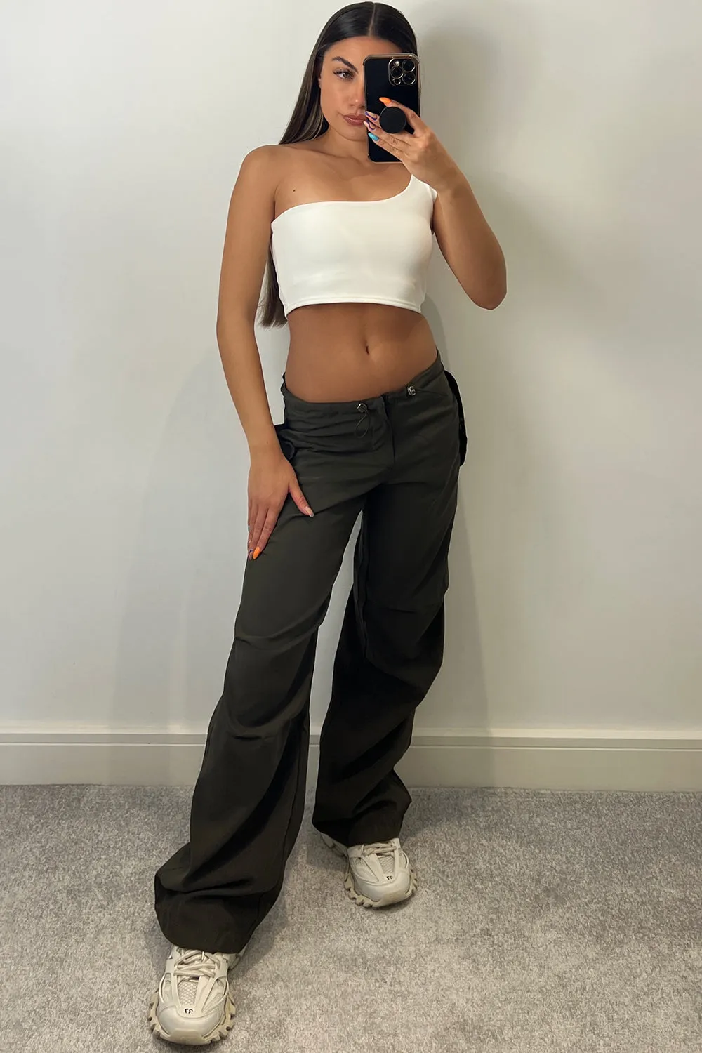 Lena Khaki Low Rise Wide Leg Parachute Cargo Trousers