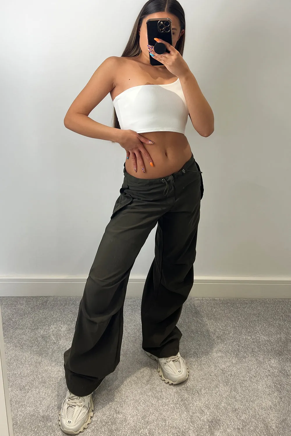 Lena Khaki Low Rise Wide Leg Parachute Cargo Trousers