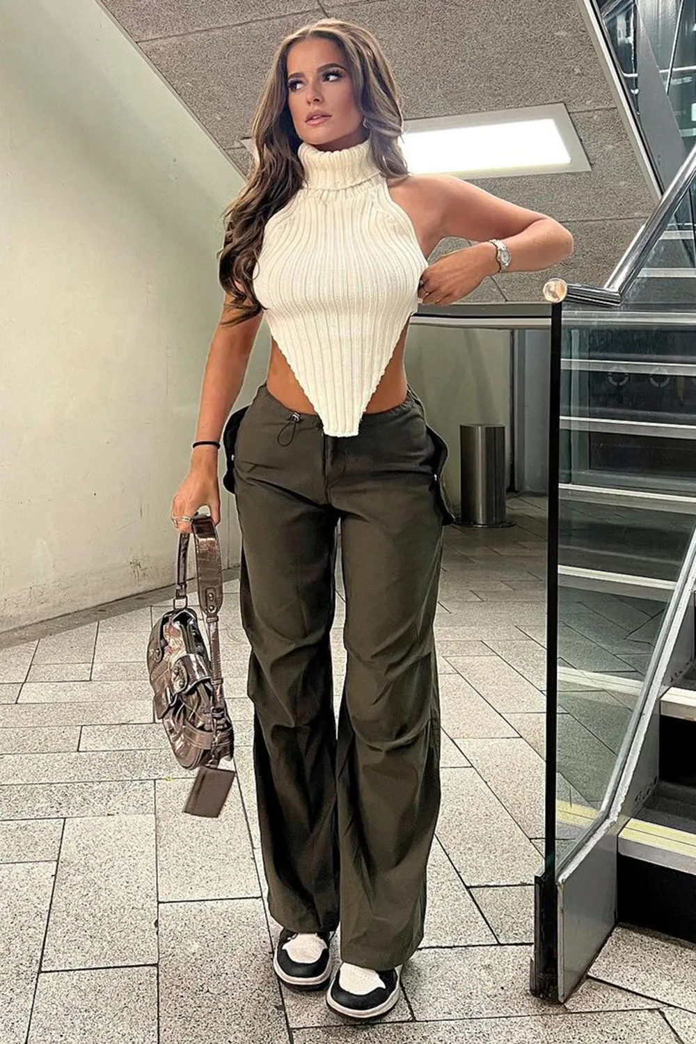 Lena Khaki Low Rise Wide Leg Parachute Cargo Trousers