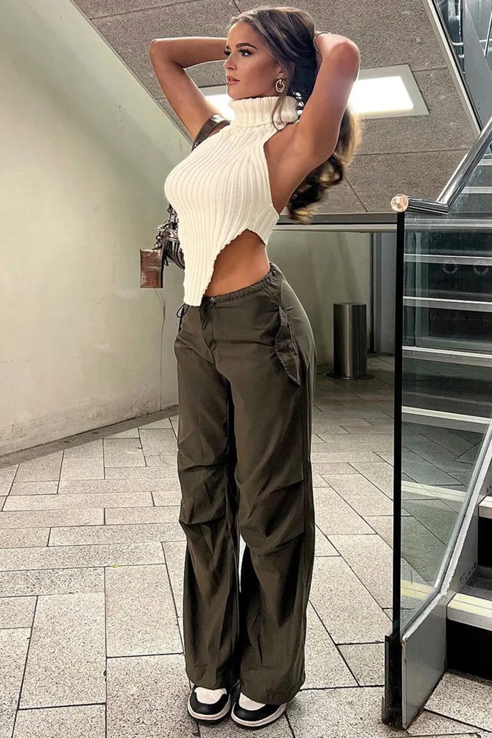 Lena Khaki Low Rise Wide Leg Parachute Cargo Trousers