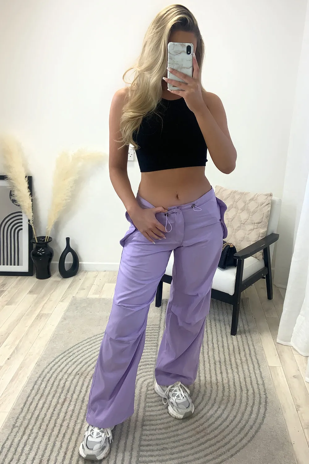 Lena Lilac Low Rise Wide Leg Parachute Cargo Trousers