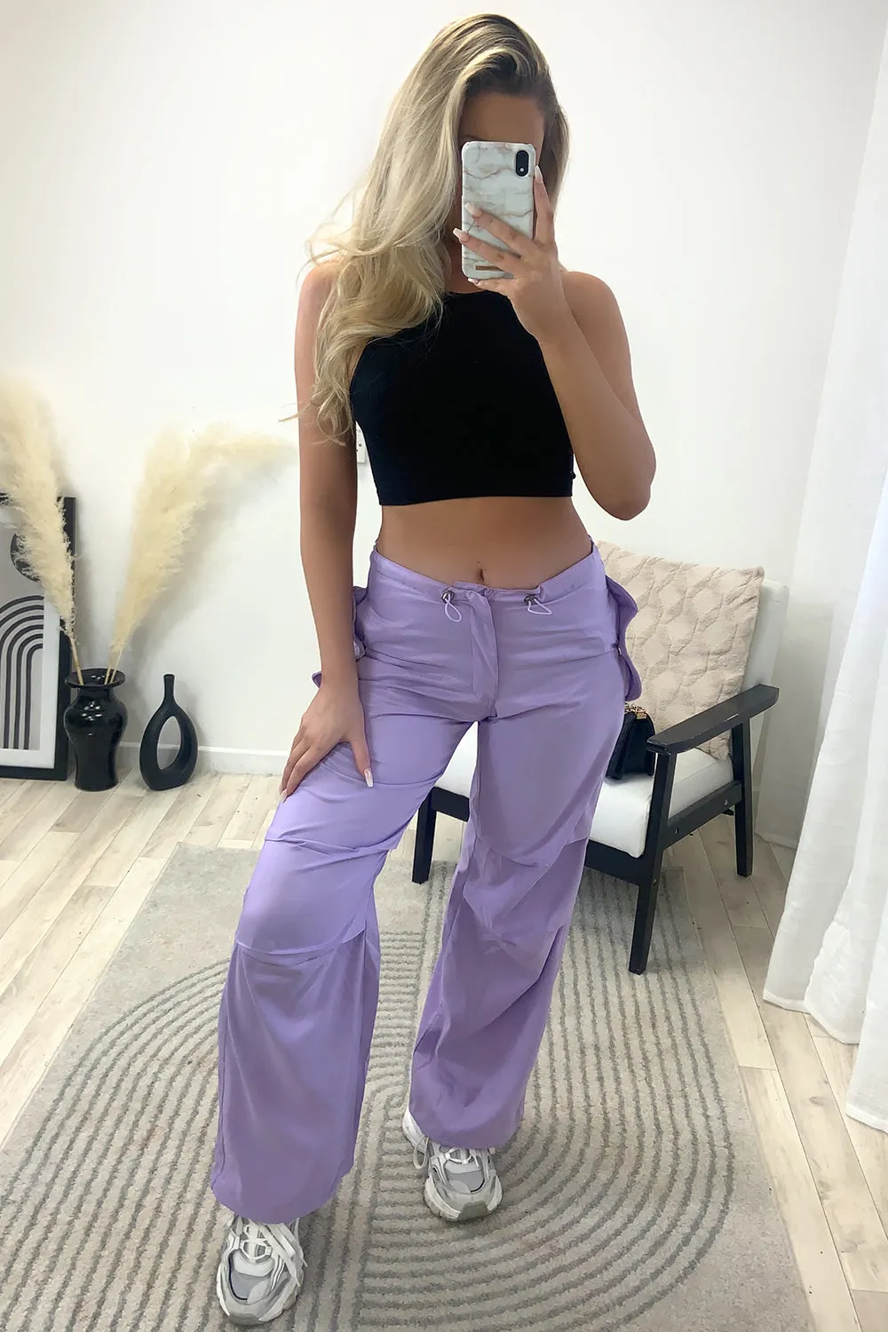 Lena Lilac Low Rise Wide Leg Parachute Cargo Trousers