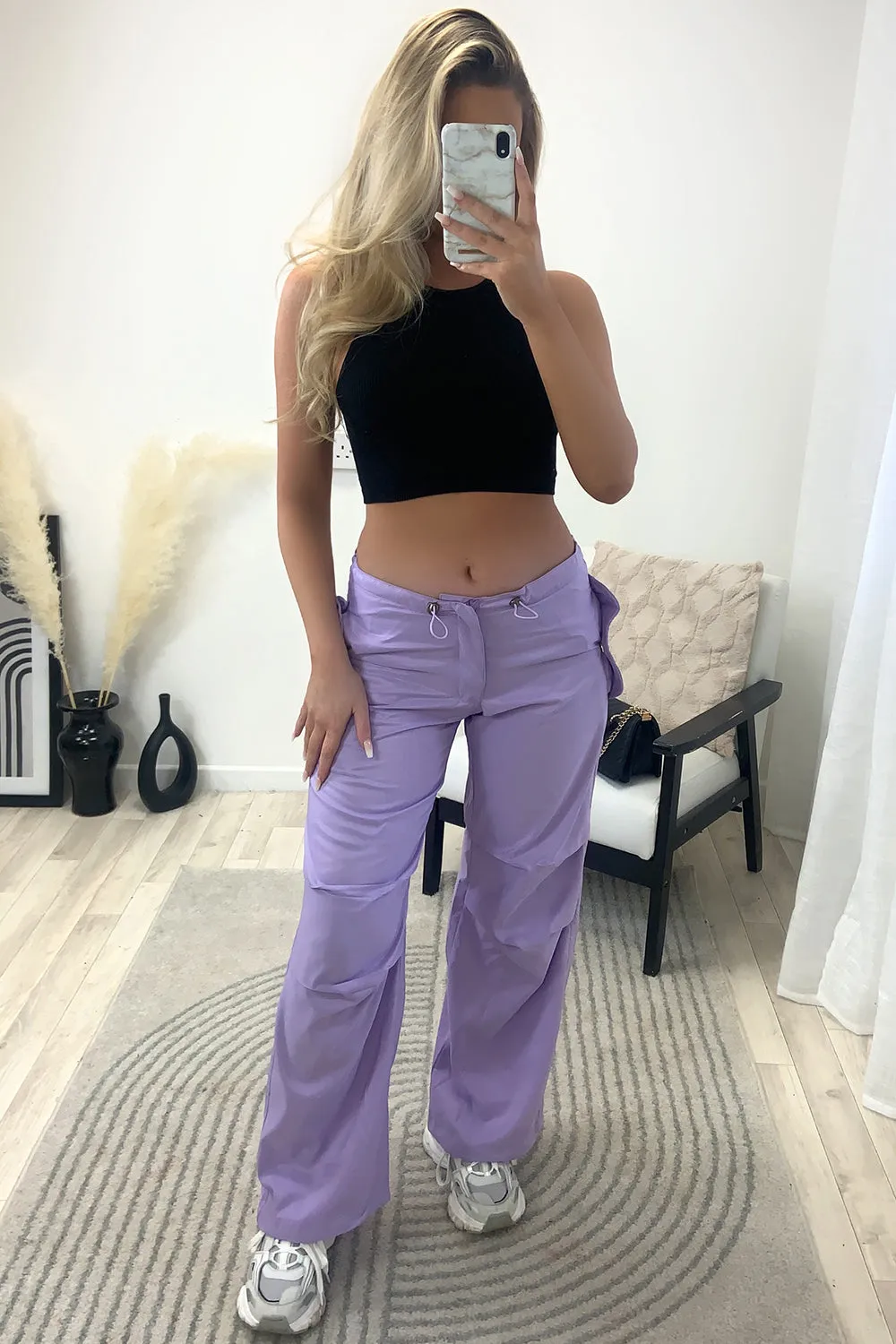 Lena Lilac Low Rise Wide Leg Parachute Cargo Trousers