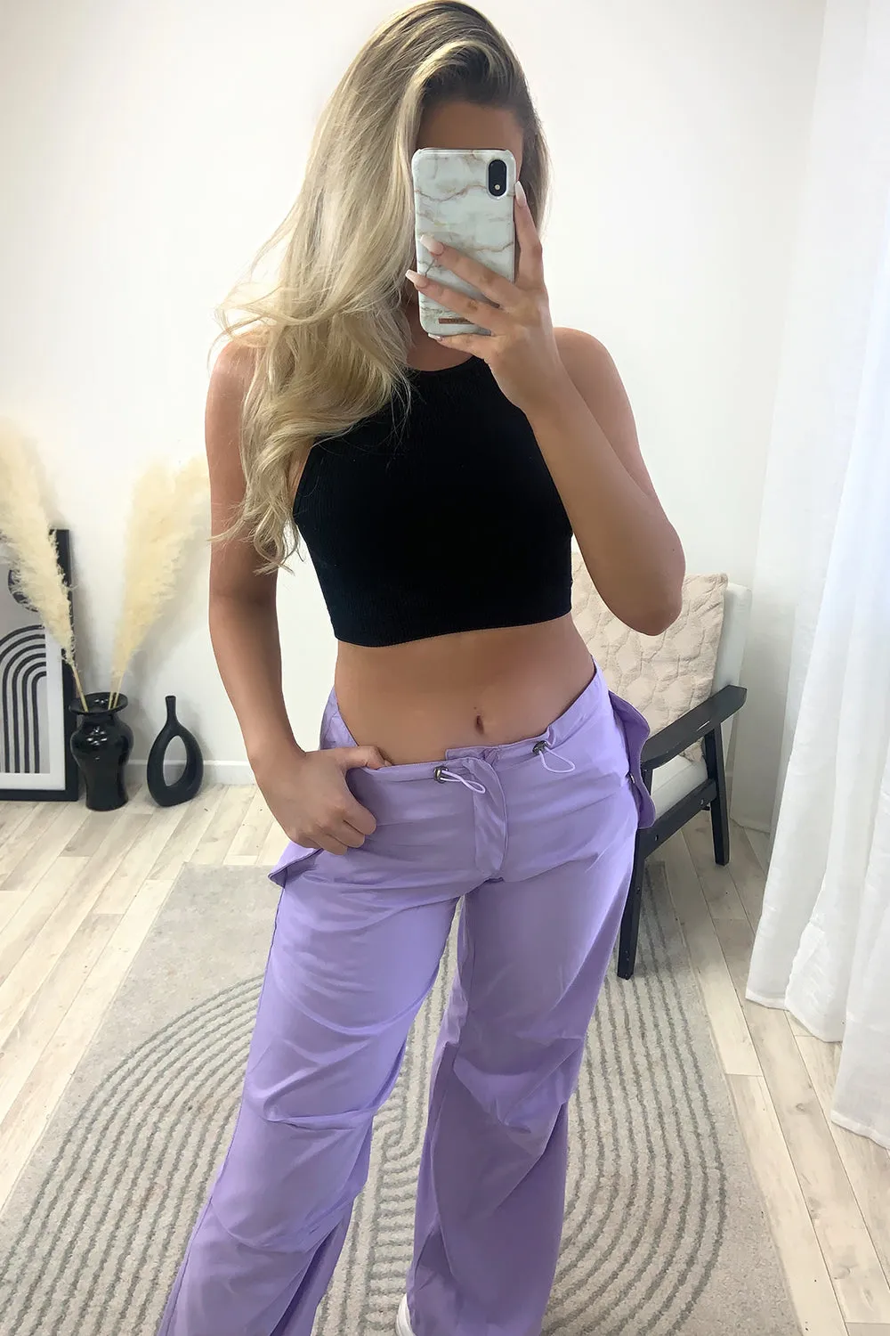 Lena Lilac Low Rise Wide Leg Parachute Cargo Trousers