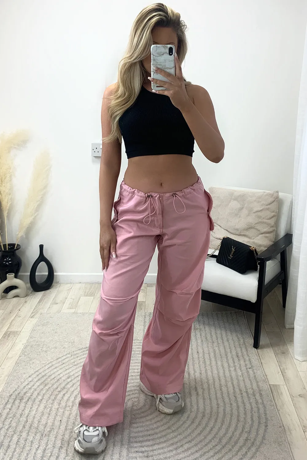 Lena Pink Low Rise Wide Leg Parachute Cargo Trousers