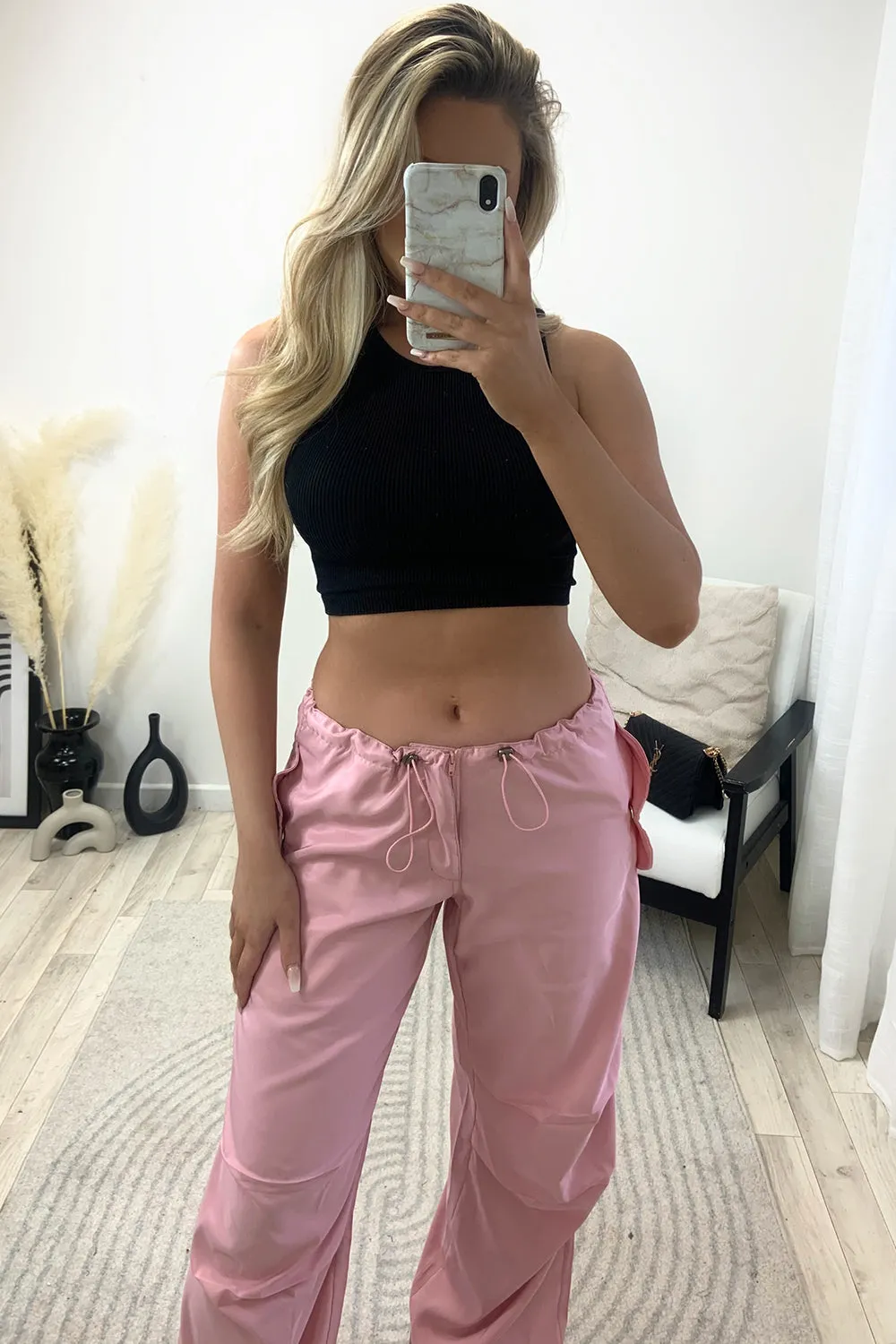 Lena Pink Low Rise Wide Leg Parachute Cargo Trousers