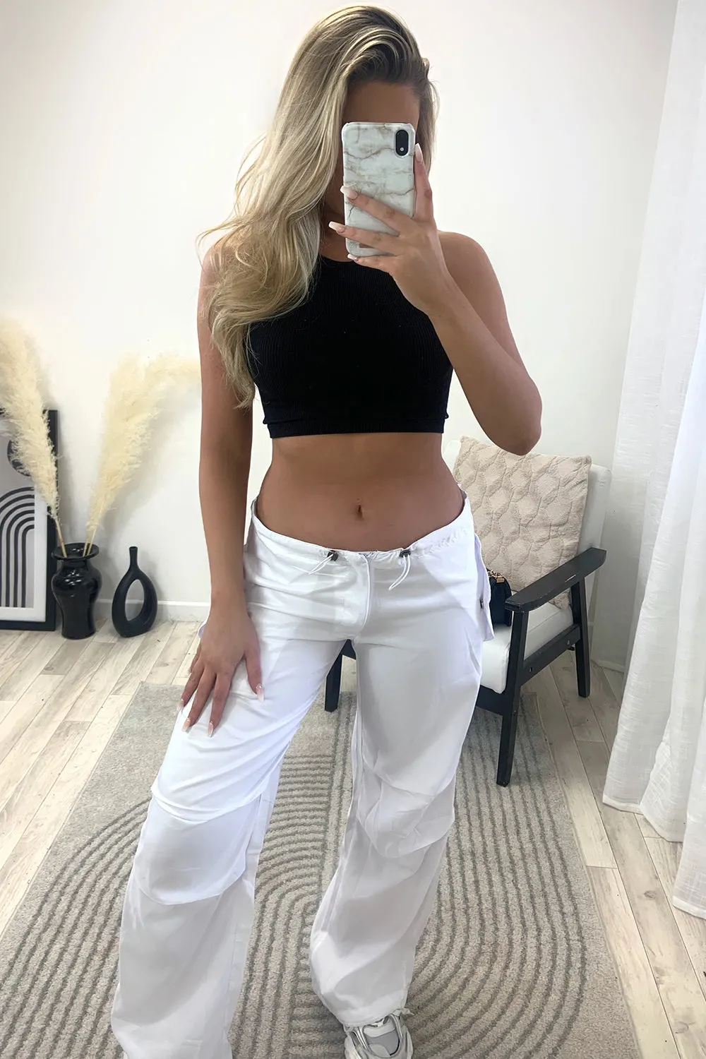 Lena White Low Rise Wide Leg Parachute Cargo Trousers
