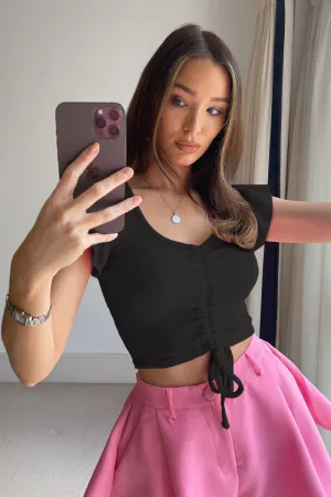 Libby Black Frill Sleeve Ruched Crop Top