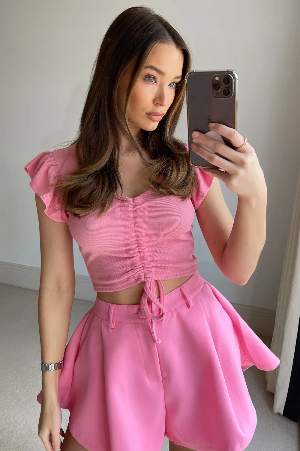 Libby Pink Frill Sleeve Ruched Crop Top
