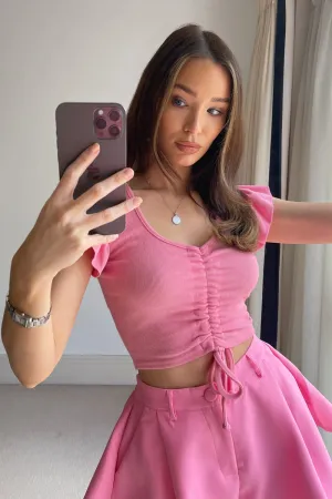 Libby Pink Frill Sleeve Ruched Crop Top