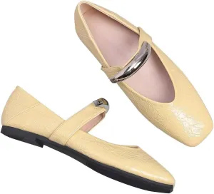 LUXINYU Women Mary Jane Pleated Leather Ballet Flats Square Toe Sliver Metal Strap Casual Party Dress Shoes