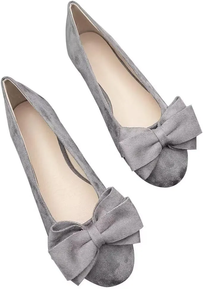 LUXINYU Women Round Toe Suede Ballet Flats with Cute Bowknot Elegant Slip on Soft Support Daily Walking Shoes Dress Shoes Office Shoes