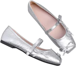 LUXINYU Women Two Bowknot Mary Jane Pleated Leather Ballet Flats Square Toe Buckle Strap Casual Party Dress Shoes