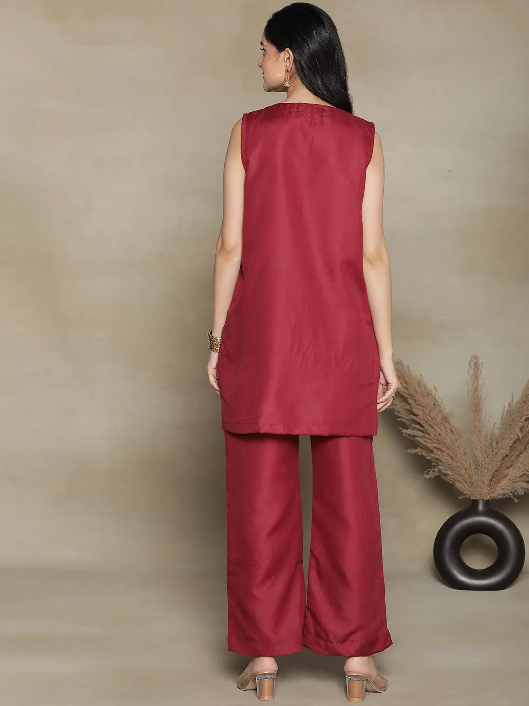 Maroon CottonSlub SleevelessKurti & Palazzo