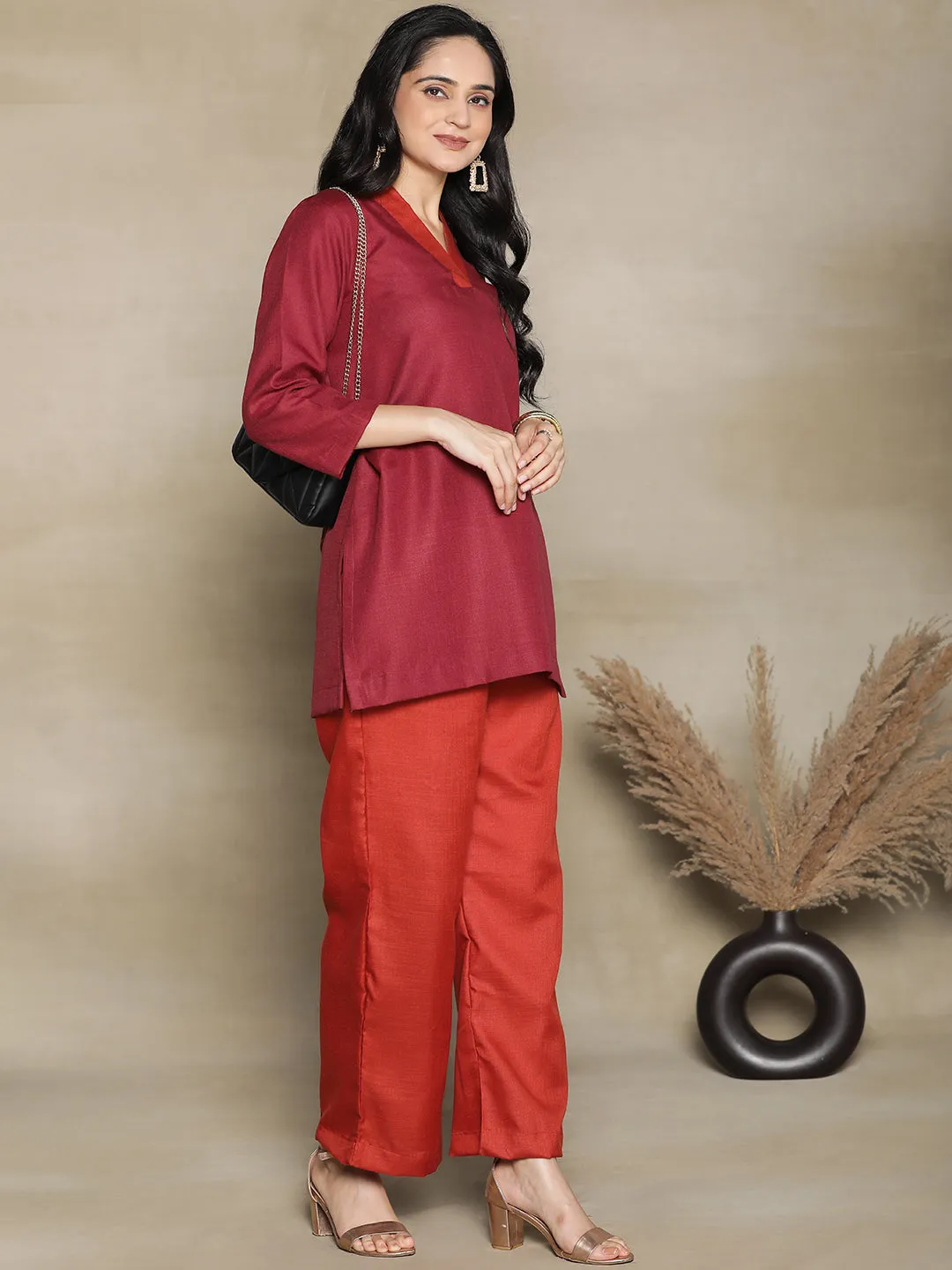 Maroon CottonSlub V-NeckTop & Maroon Palazzo