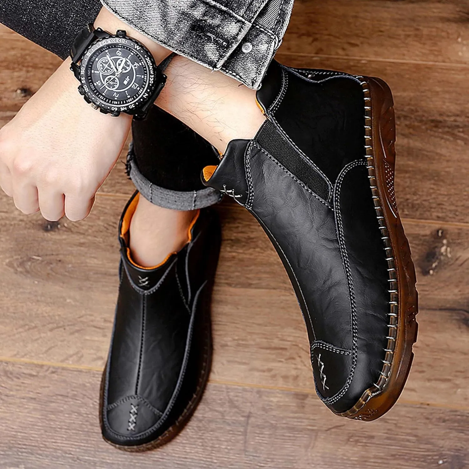 Men's Casual Loafers Men's Lightweight Breathable Casual Shoes Hand Sewn Comfortable Soft Men's Shoes Classic Business Wide Version Non Slip Oxford Shoes Black