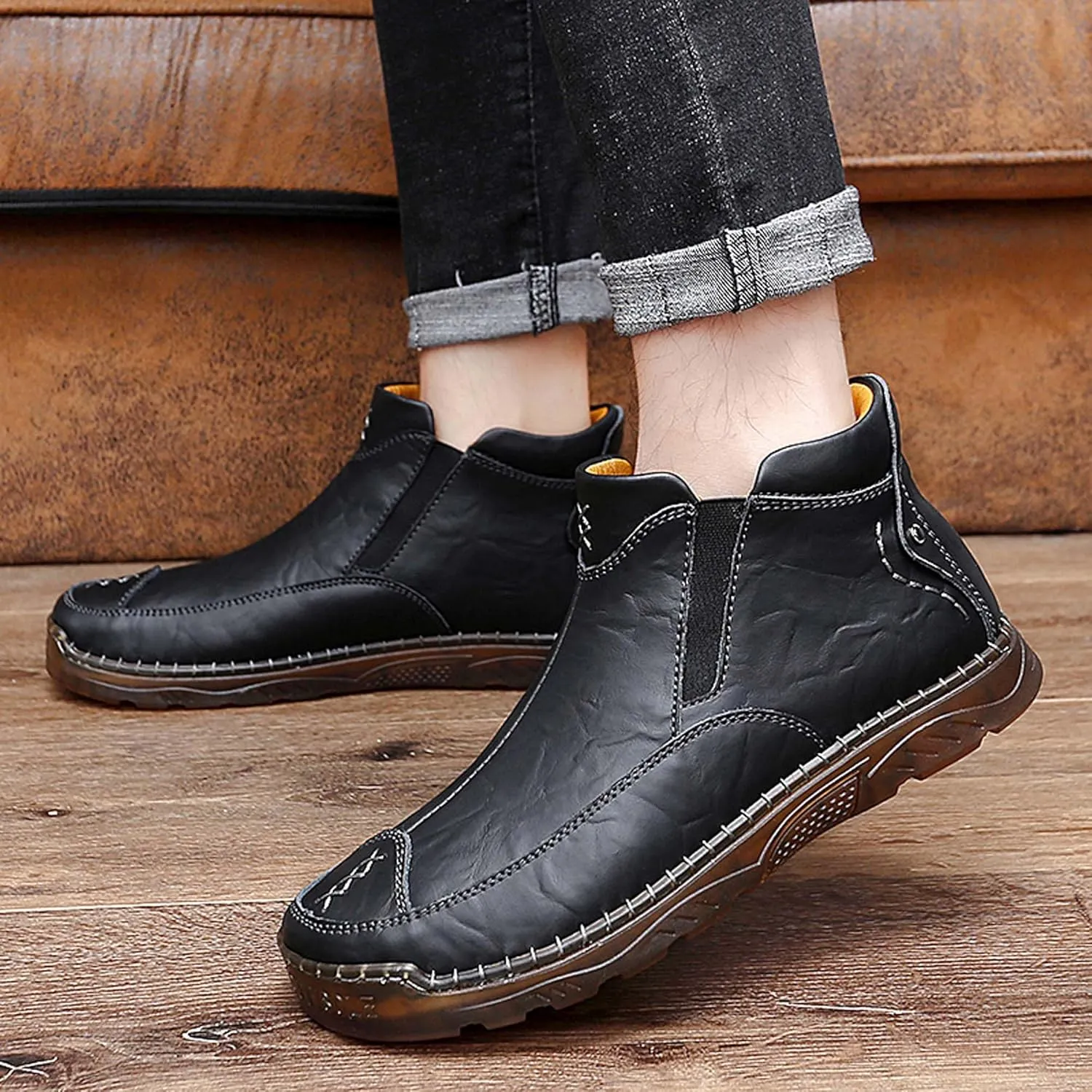 Men's Casual Loafers Men's Lightweight Breathable Casual Shoes Hand Sewn Comfortable Soft Men's Shoes Classic Business Wide Version Non Slip Oxford Shoes Black