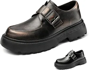 Men's Leather Monk Strap Platform Chunky Heel Loafers Retro Classic Round Toe Heightening Non Slip Lug Sole Slip on Business Block Heel Dress Loafers for Work Wedding