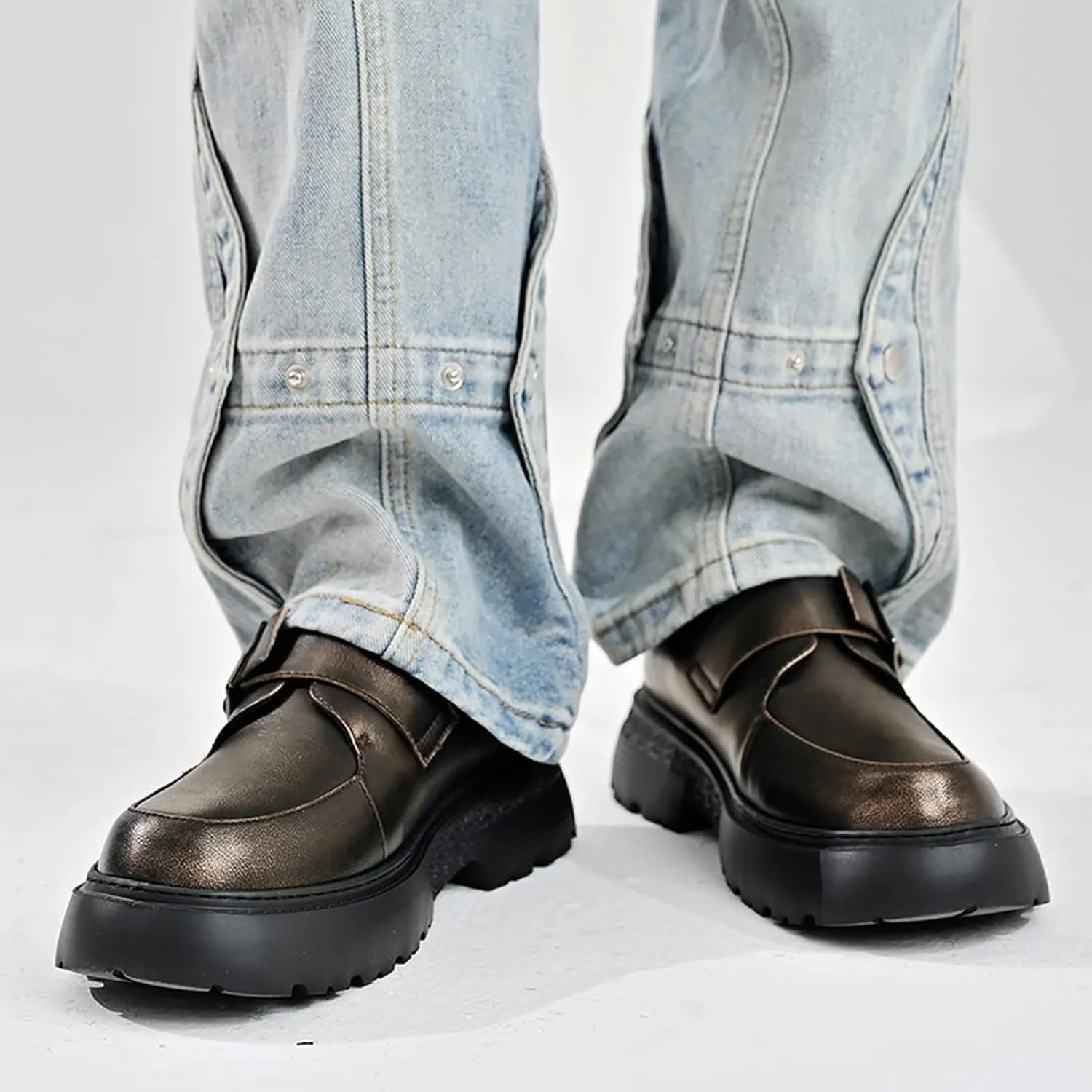 Men's Leather Monk Strap Platform Chunky Heel Loafers Retro Classic Round Toe Heightening Non Slip Lug Sole Slip on Business Block Heel Dress Loafers for Work Wedding