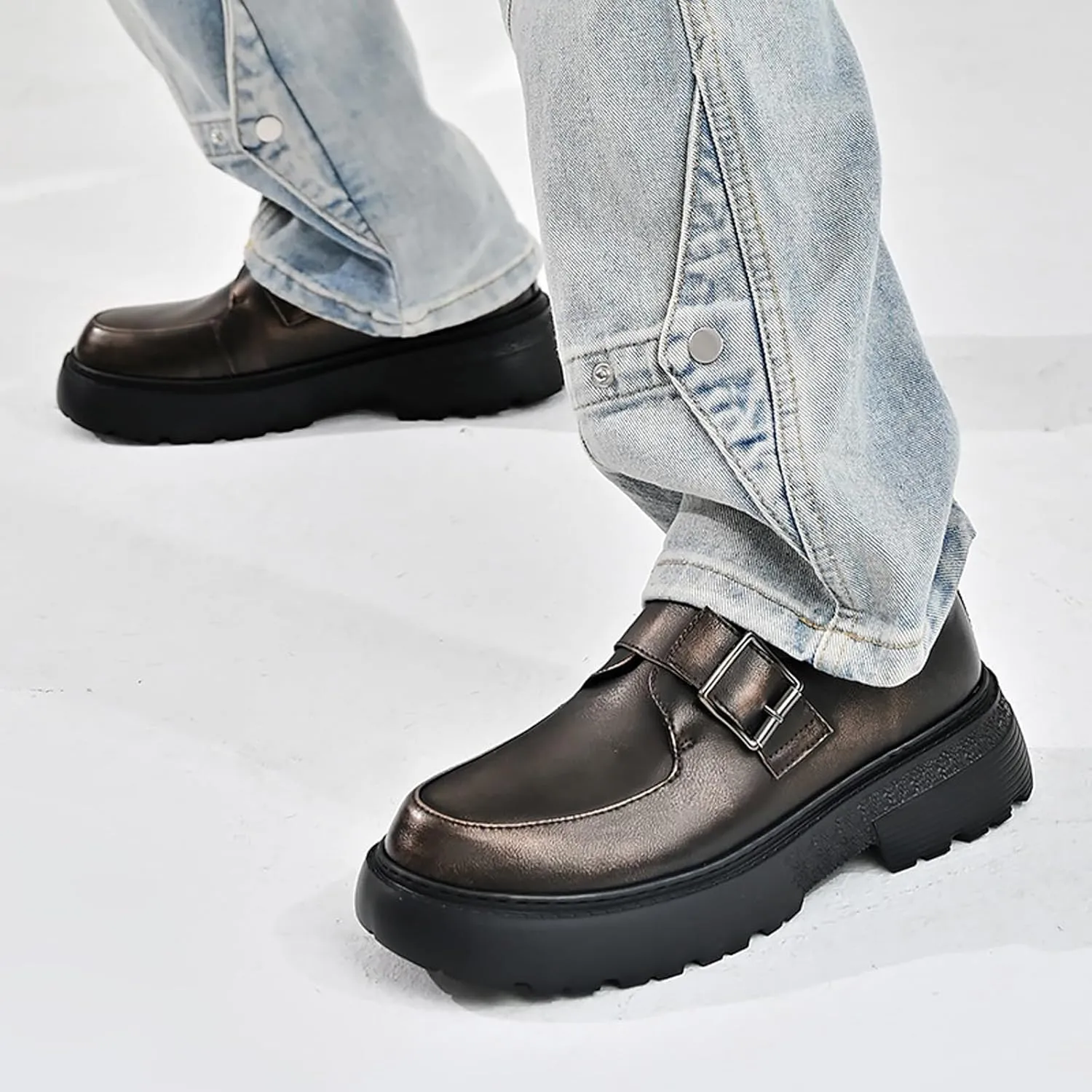 Men's Leather Monk Strap Platform Chunky Heel Loafers Retro Classic Round Toe Heightening Non Slip Lug Sole Slip on Business Block Heel Dress Loafers for Work Wedding