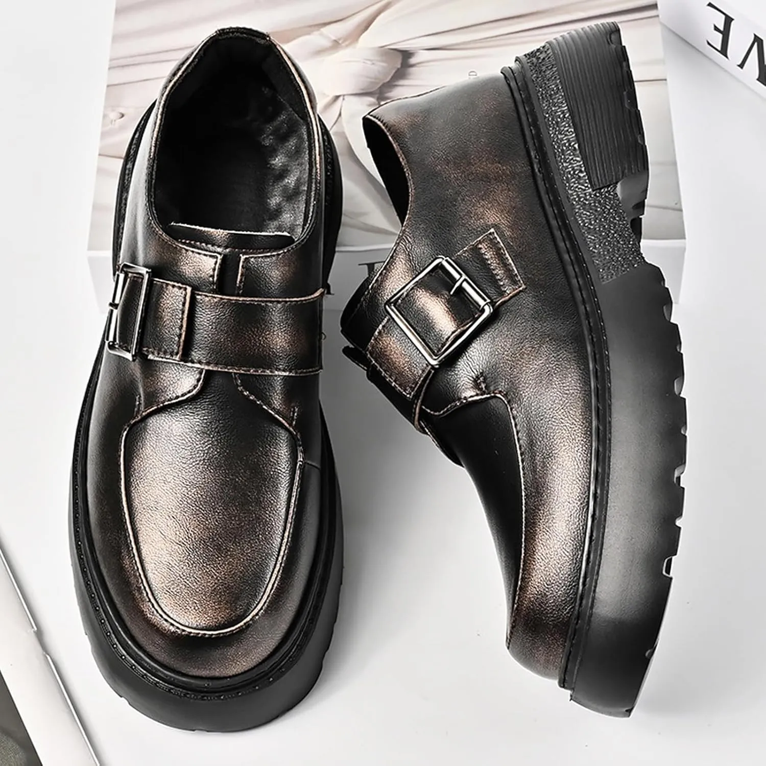 Men's Leather Monk Strap Platform Chunky Heel Loafers Retro Classic Round Toe Heightening Non Slip Lug Sole Slip on Business Block Heel Dress Loafers for Work Wedding