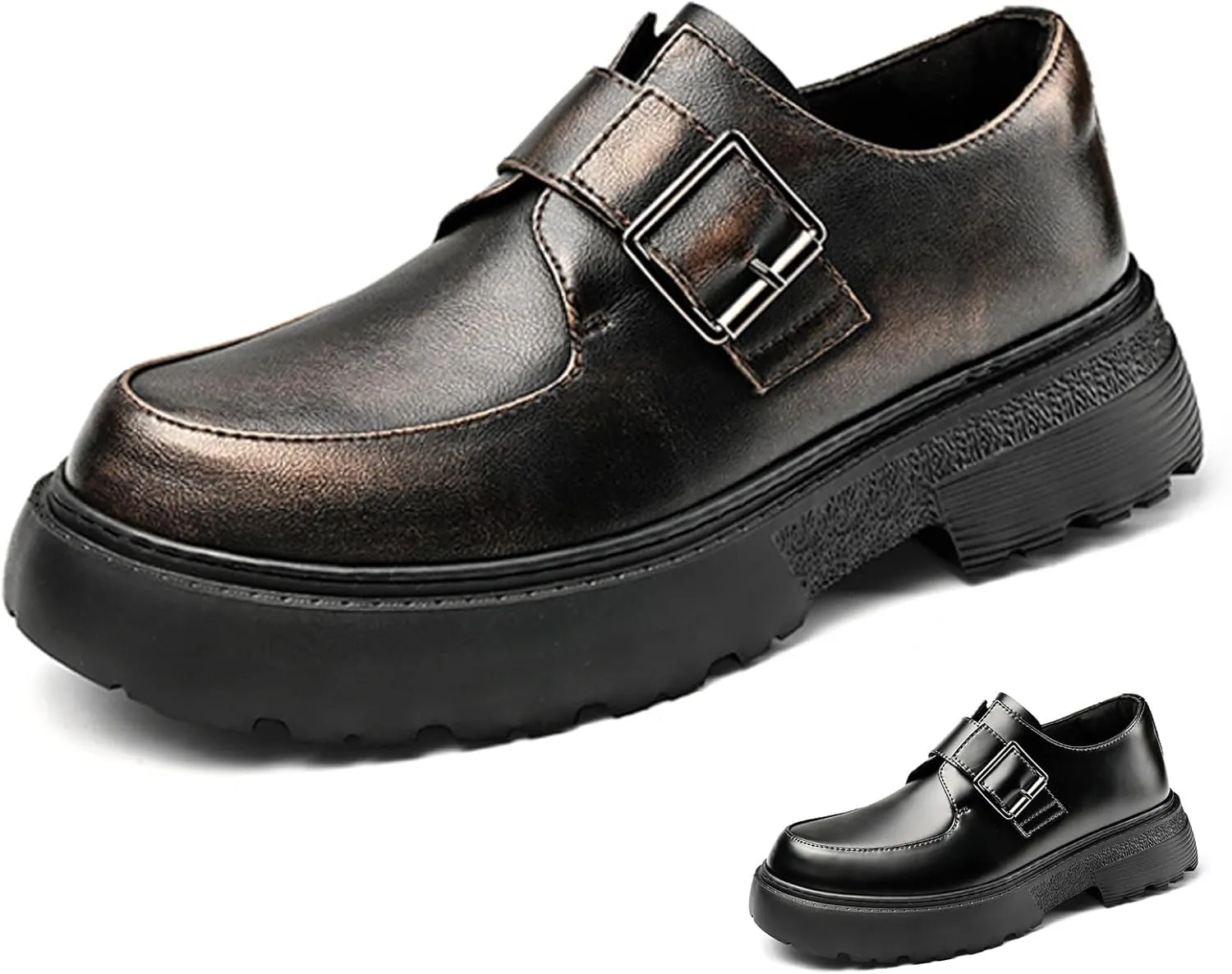 Men's Leather Monk Strap Platform Chunky Heel Loafers Retro Classic Round Toe Heightening Non Slip Lug Sole Slip on Business Block Heel Dress Loafers for Work Wedding
