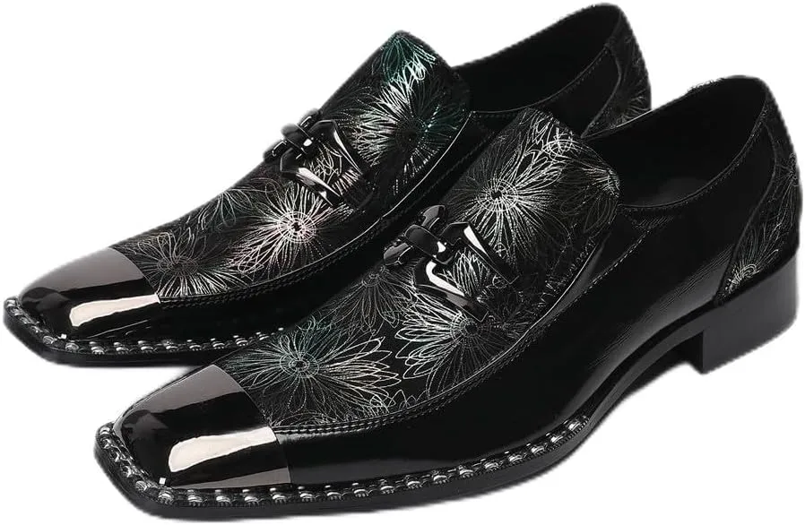Men's Patent Leather Loafers Slip On Dress Shoes with Floral Pattern Metal Toe Cap Party Tuxedo Moccasins Fashion Singer Ballroom Prom Wedding Shoes