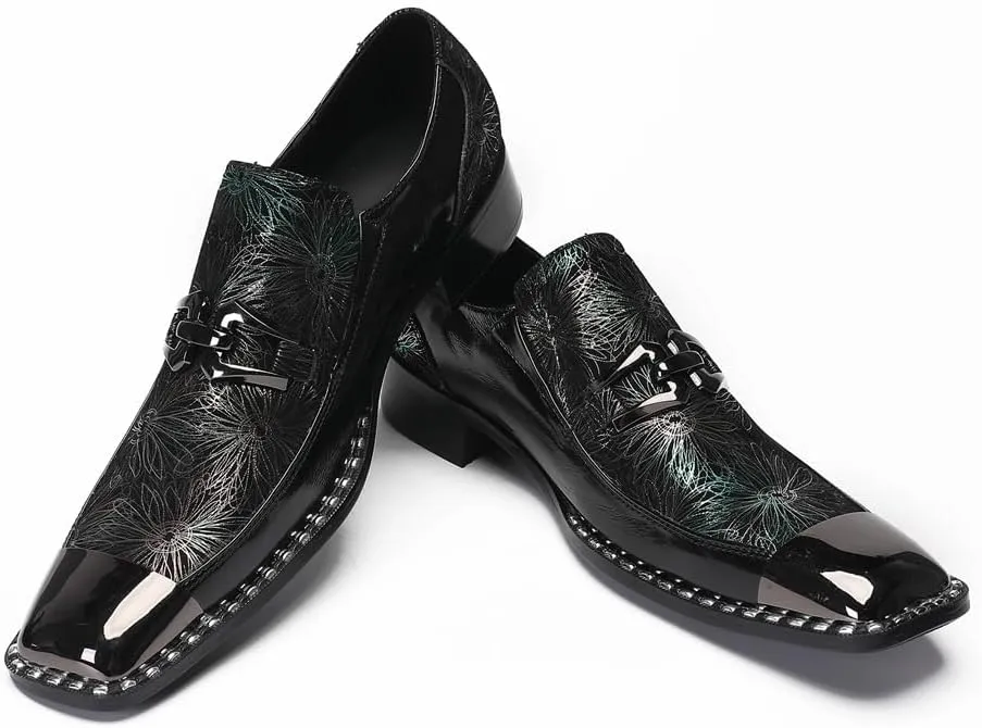 Men's Patent Leather Loafers Slip On Dress Shoes with Floral Pattern Metal Toe Cap Party Tuxedo Moccasins Fashion Singer Ballroom Prom Wedding Shoes