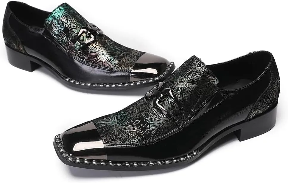 Men's Patent Leather Loafers Slip On Dress Shoes with Floral Pattern Metal Toe Cap Party Tuxedo Moccasins Fashion Singer Ballroom Prom Wedding Shoes