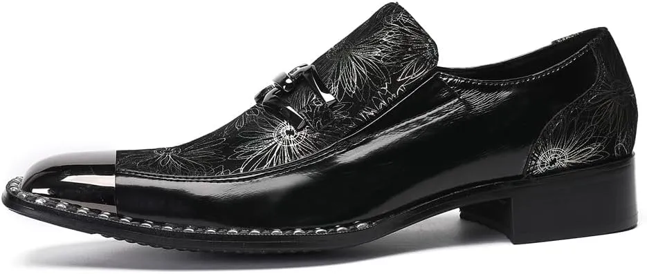 Men's Patent Leather Loafers Slip On Dress Shoes with Floral Pattern Metal Toe Cap Party Tuxedo Moccasins Fashion Singer Ballroom Prom Wedding Shoes