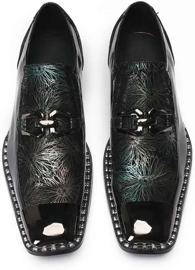Men's Patent Leather Loafers Slip On Dress Shoes with Floral Pattern Metal Toe Cap Party Tuxedo Moccasins Fashion Singer Ballroom Prom Wedding Shoes
