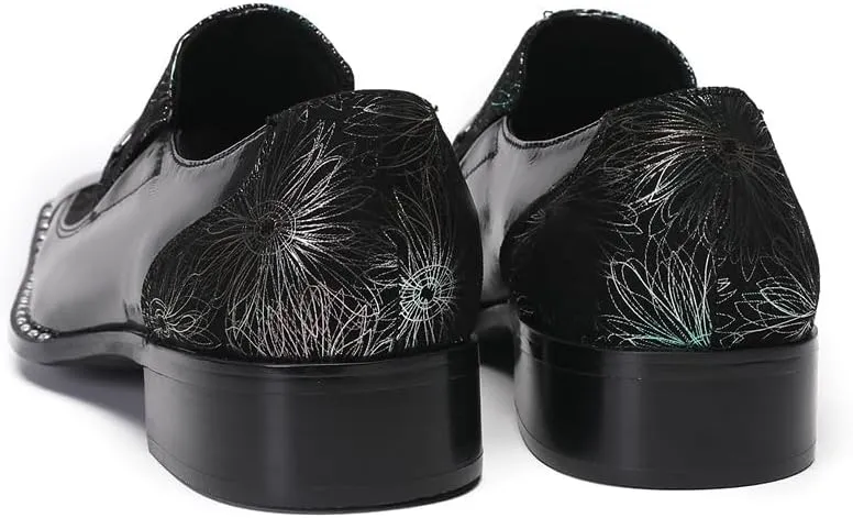 Men's Patent Leather Loafers Slip On Dress Shoes with Floral Pattern Metal Toe Cap Party Tuxedo Moccasins Fashion Singer Ballroom Prom Wedding Shoes