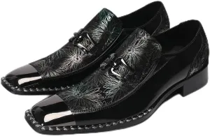Men's Patent Leather Loafers Slip On Dress Shoes with Floral Pattern Metal Toe Cap Party Tuxedo Moccasins Fashion Singer Ballroom Prom Wedding Shoes