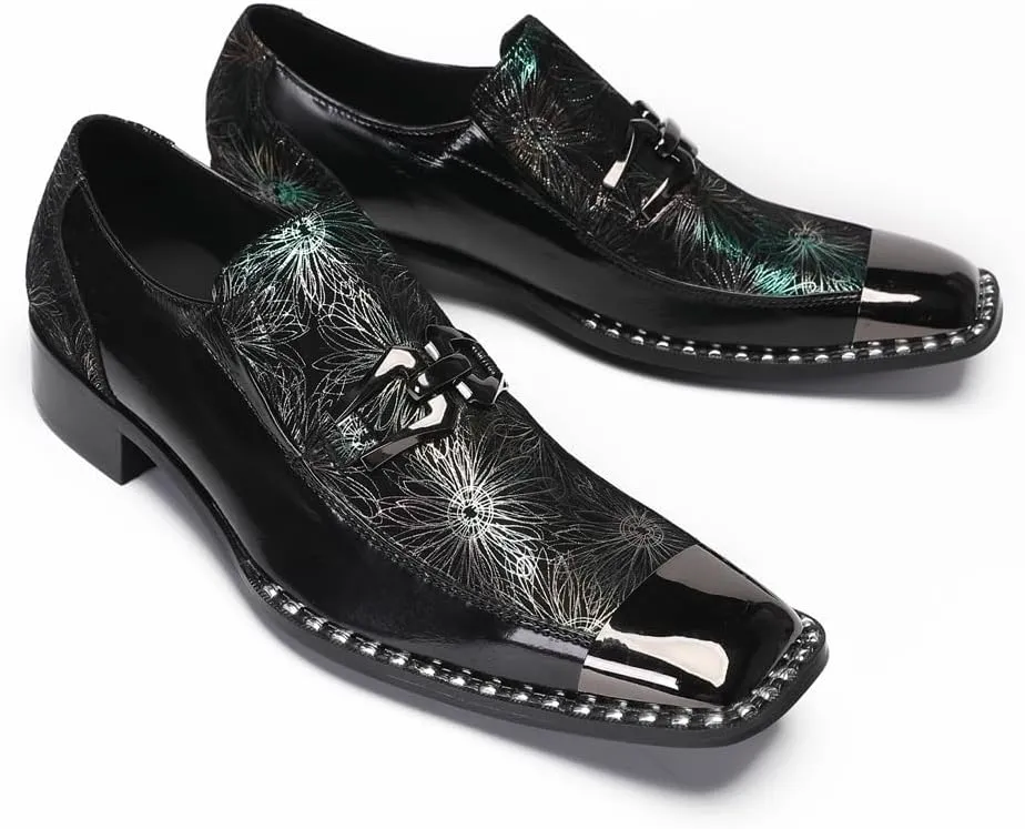 Men's Patent Leather Loafers Slip On Dress Shoes with Floral Pattern Metal Toe Cap Party Tuxedo Moccasins Fashion Singer Ballroom Prom Wedding Shoes