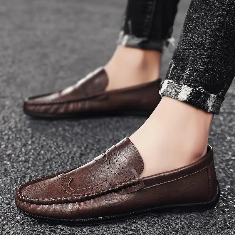 Men's Round Toe PU Leather Brogue Loafers - Classic Loafers with Anti-Slip Lightweight Flexible Design for Comfortable Walking Slip-Ons