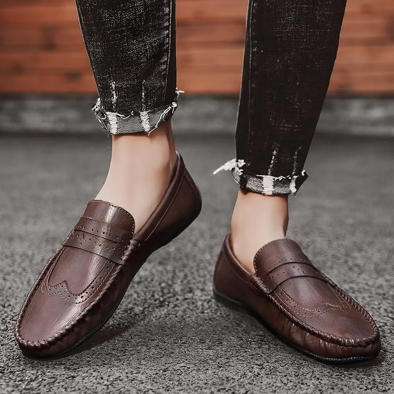 Men's Round Toe PU Leather Brogue Loafers - Classic Loafers with Anti-Slip Lightweight Flexible Design for Comfortable Walking Slip-Ons